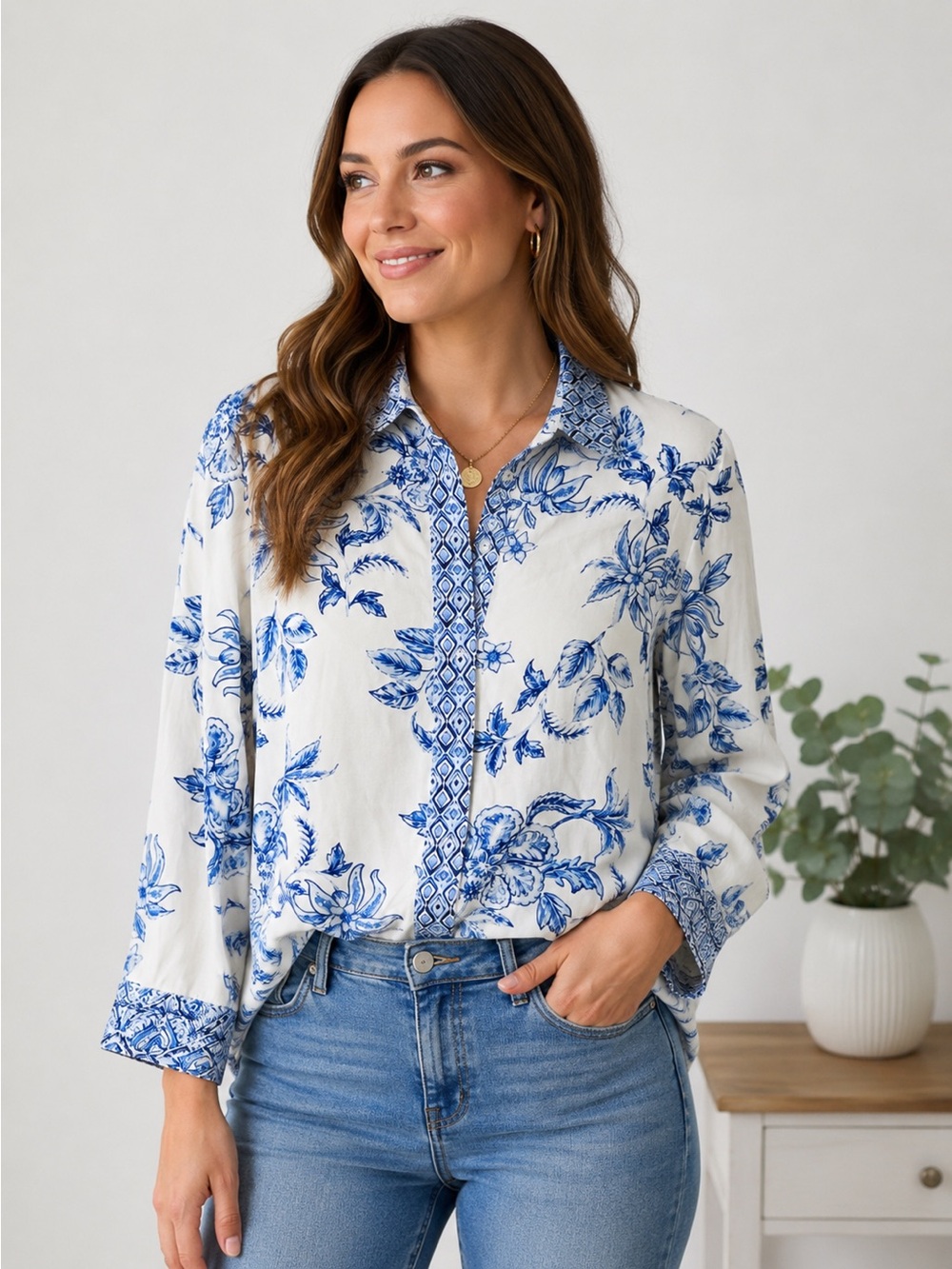 Philosophy Republic Clothing Blue & White Floral Button Front Blouse Size Medium